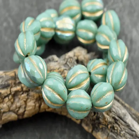 *12* 10mm Gold Washed Turquoise AB Faceted Round Melon Beads {2}