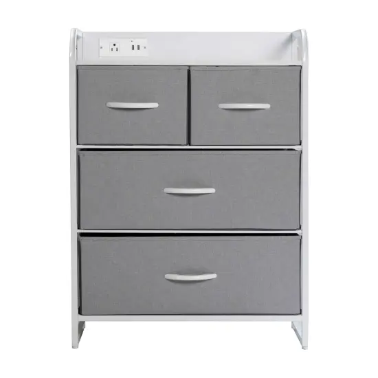 Emma and Oliver Hermes Nightstand with 4 Fabric Drawers, Charging Station with 2 USB Ports/Power Outlet, Engineered Wood Top, Wood Handles, Metal Frame GrayDrawers/White {6}
