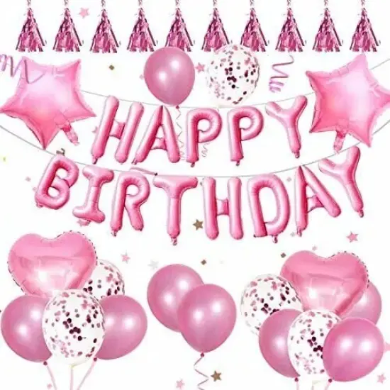 48 Pcs Pink Foil Happy Birthday Balloons Banner {1}