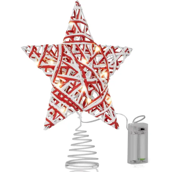 Ornativity Christmas Rattan Tree Topper &ndash; Red and White Xmas Rustic Star LED Light Up Tree Topper Ornament Decoration {1}