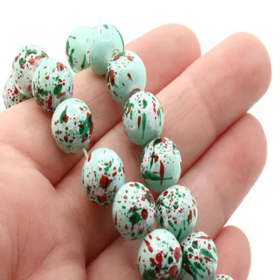 40 10mm Mint Green with Red & Pink Splatter Paint Smooth Round Glass Beads {4}