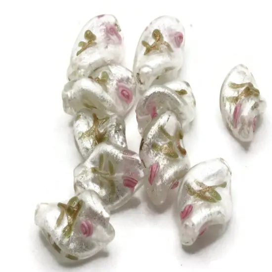 10 20mm White with Pink and Green Flower Lampwork Glass Flat Oval Twist Beads {2}