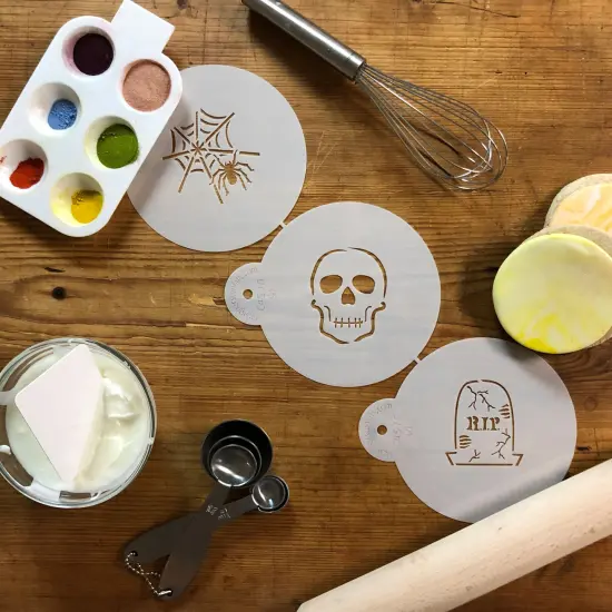 Scary Halloween Cookie Stencil Set: Spider Web, Skull, Gravestone | C457 by Designer Stencils | {4}
