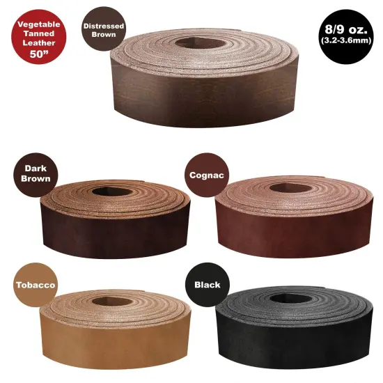 ELW Vegetable Tanned 8-9 oz. (3.2-3.6mm) Straps, Belts, Strips Length50" (127cm) - Full Grain Veg Tan Leather Cowhide Heavy DIY Craft - Holsters, Belt Blanks, Furniture, Stamping {7}
