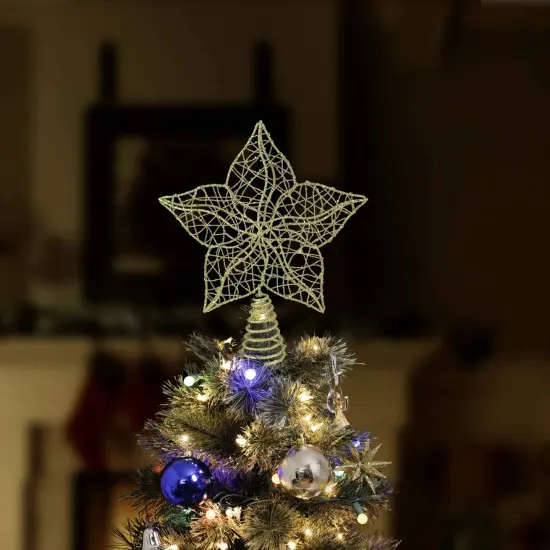 Ornativity Glittered Star Tree Topper - Christmas Gold Sparkle Wire Star Leafy Decoration {3}