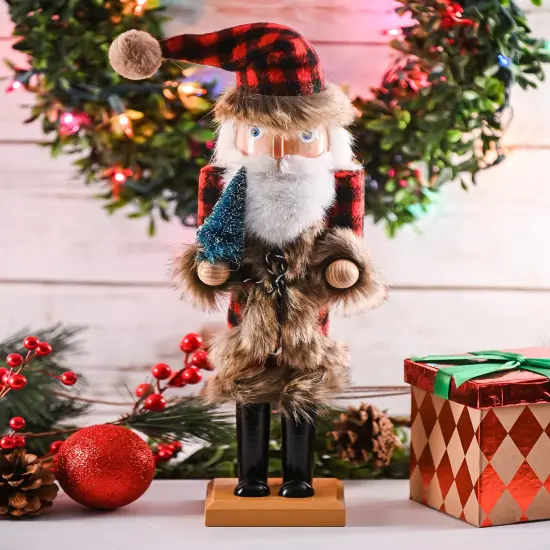 Ornativity Christmas Nostalgic Santa Nutcracker – Red and Black Wooden Nutcracker Man with Buffalo Plaid Coat with Brown Fur Holding a Xmas Tree Themed Holiday Nut Cracker Doll Figure Decorations {3}