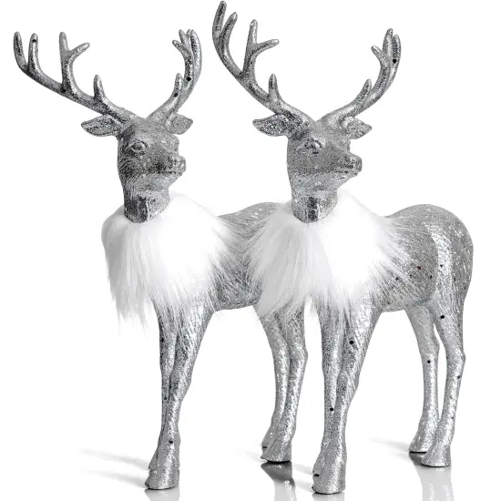 Ornativity Silver Glitter Christmas Reindeer - Holiday Party Deer Figurine Statues Dinner Tabletop Decorations Centerpiece - Pack of 2 {1}