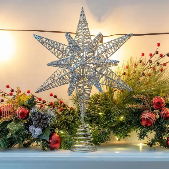 Ornativity Silver Star Tree Topper – Christmas Silver 3D Glitter Star Ornament Treetop Decoration {4}