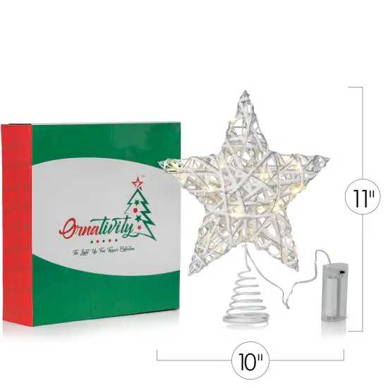 Ornativity Christmas Rattan Tree Topper &ndash; White and Silver Xmas Rustic Star LED Light Up Tree Topper Ornament Decoration {6}