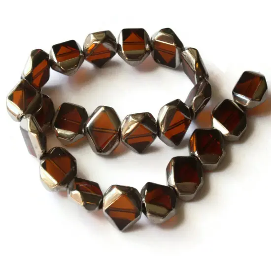 22 14mm Silver Rimmed Glass Brown Octagon Window Beads {5}