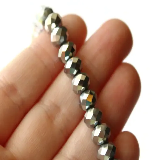 36 6mm x 8mm Silver Crystal Faceted Rondelle Beads {3}