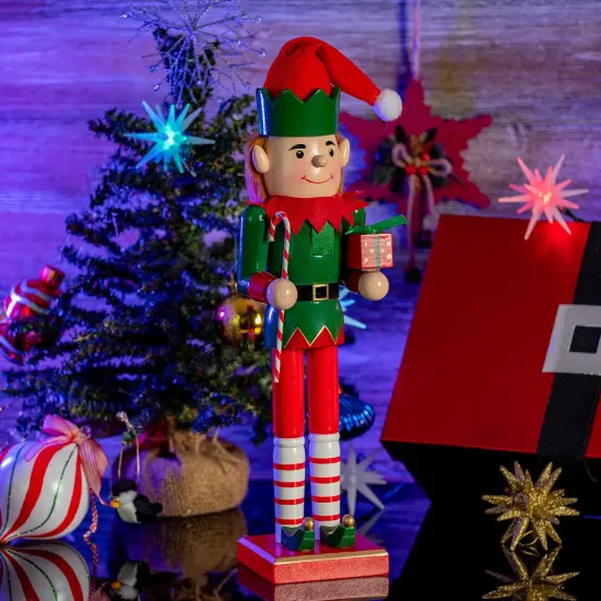 Ornativity Christmas Elf Holiday Nutcracker &ndash; Red and Green Wooden Elf with Candy Cane and Gift Box Xmas Themed Holiday Nut Cracker Doll Figure Toy Decorations {3}