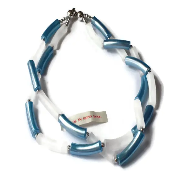19 1/2 Inch Vintage Twisted Two Strand Blue and White Beaded Necklace - Plastic Tube Beads {2}