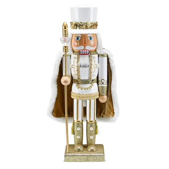 Ornativity Christmas Gold King Nutcracker &ndash; Gold and White Glittered Wooden Nutcracker Man with Gold and White Fur Cape and Staff in Hand Xmas Themed Holiday Nut Cracker Doll Figure Decorations {1}