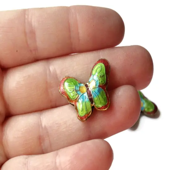 2 23mm Pink and Green Cloisonne Butterfly Beads Handmade Metal and Enamel Beads Moth Beads {5}