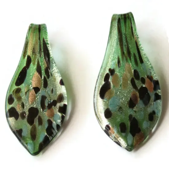 64mm Green with Gold and Brown Spots Foil Glass Pendant Lampwork Glass Spoon Pendant {5}