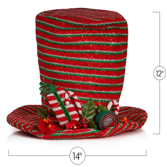 Ornativity Snowman Hat Tree Topper - Snow Man Winter Holiday Top Hat Christmas Tree Top Decoration with Red Ornament Berry Balls, Mistletoe Holly and Candy Decorations and LED Lights {6}