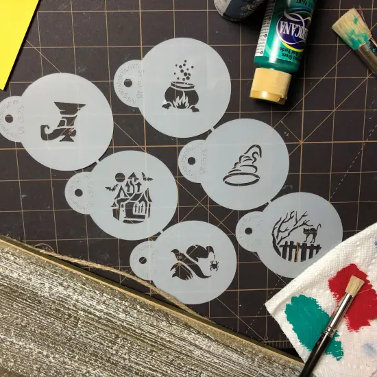 Halloween Cookie Stencil Set: Witch Shoe, Hat, Cauldron, Cat on Fence, Haunted House, Witch's Head | C575 by Designer Stencils | {4}