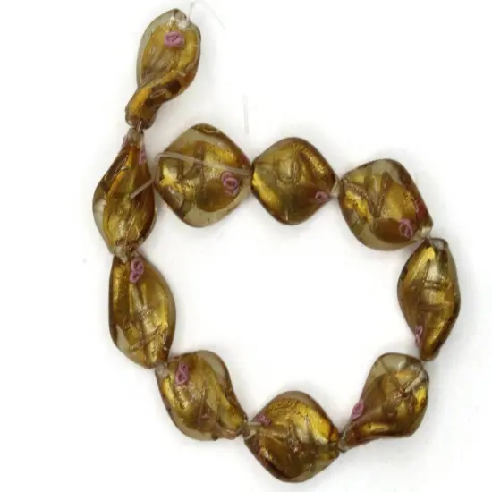 10 20mm Golden Yellow with Pink and Green Flower Lampwork Glass Flat Oval Twist Beads {4}