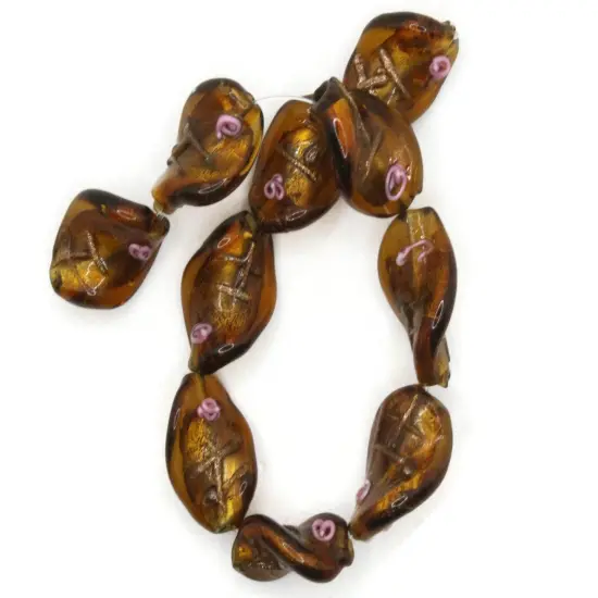 10 20mm Brown with Pink and Green Flower Lampwork Glass Flat Oval Twist Beads {1}