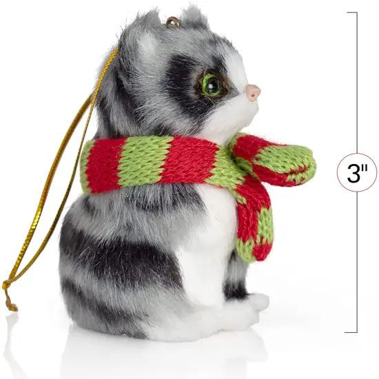 Ornativity Christmas Mini Cat Ornament - Furry Grey Kitten with Scarf Holiday Tree Hanging Decoration {5}