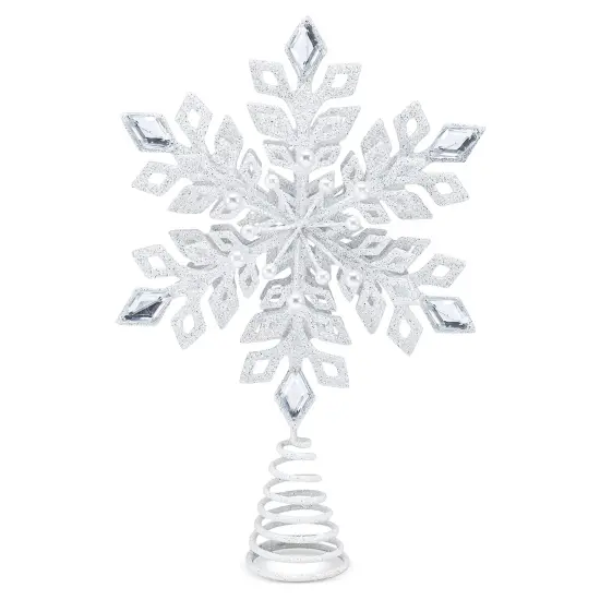 Ornativity Glitter Snowflake Tree Topper - White Sparkling Christmas Tree Decoration with Gem Design {1}