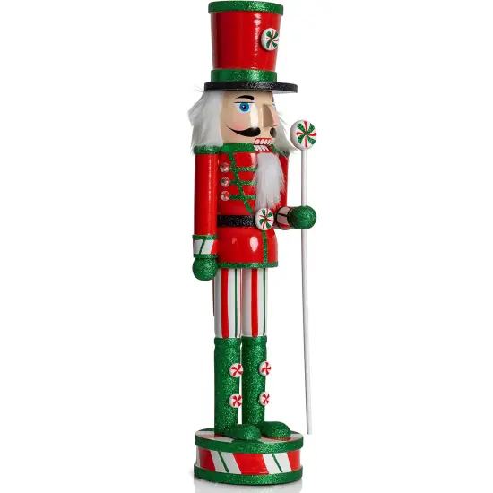 Ornativity Wooden Peppermint Christmas Nutcracker - Red, White and Green Glitter Candy Themed Holiday Nut Cracker Doll Figure Toy Soldier Decorations {2}