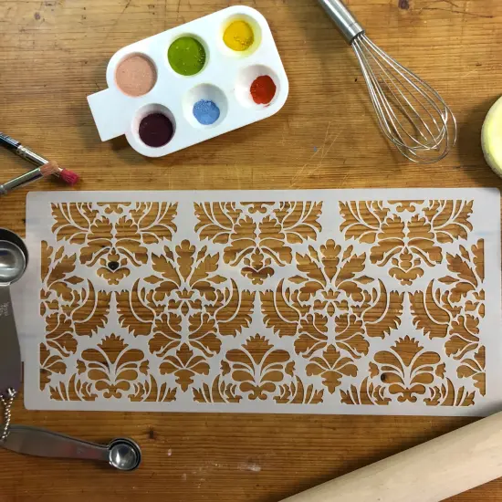 Damask Cake Stencil Tier #5 | C405 by Designer Stencils | Cake Decorating Tools | Baking Stencils for Royal Icing, Airbrush, Dusting Powder | Reusable Plastic Food Grade Stencil for Cakes | Easy to Use & Clean Cake Stencil {5}