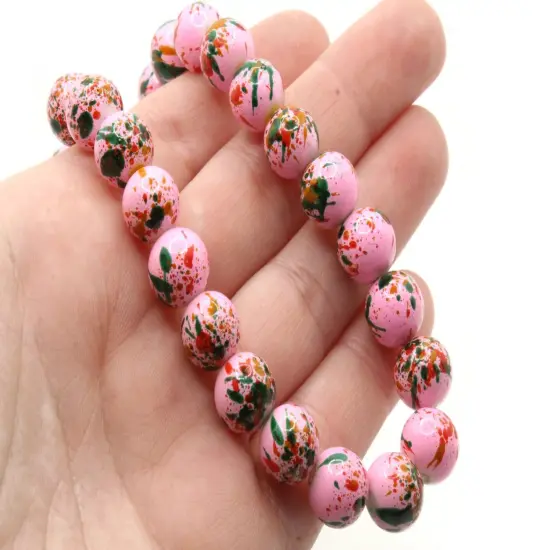 40 10mm Pink with Red and Green Splatter Paint Smooth Round Glass Beads {5}