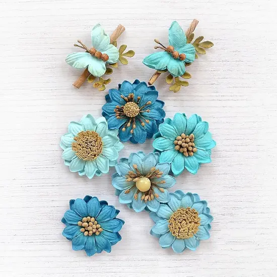 Pack of 3 - Little Birdie Arcadia Paper Flowers 8/Pkg-Aqua Medley {2}