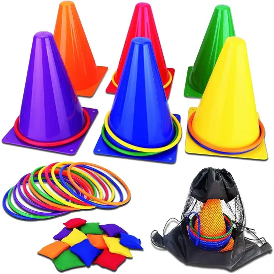 31PCS 3 in 1 Carnival Outdoor Games Combo Set for Kids, Soft Plastic Cones Bean Bags Ring Toss Game, Gift for Birthday Party/Xmas {1}