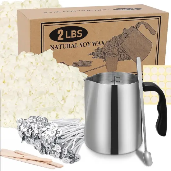 Candle Making Kit Supplies - 32Oz Pouring Pot, 16Oz Soy Wax, Wooden Wick Holders, Candle Wicks, Stickers and Spoon, Perfect Candle Kit for Beginners 32Oz Kit {1}