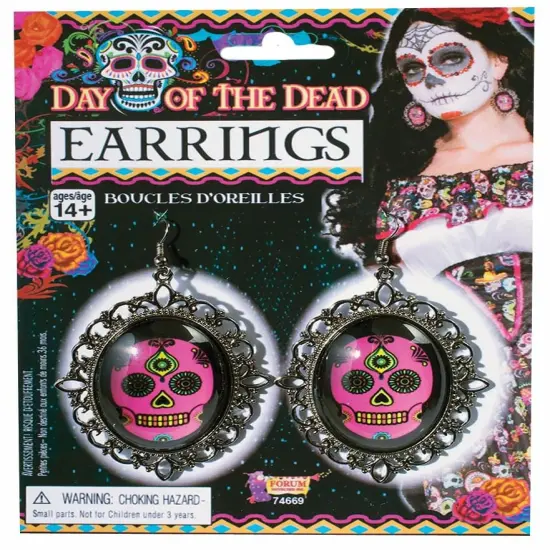 Day Of The Dead Skull Pink Costume Earrings {1}
