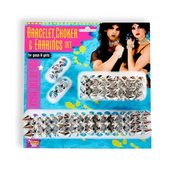 Metallic Stud Bracelet, Choker, Earrings Costume Set {3}