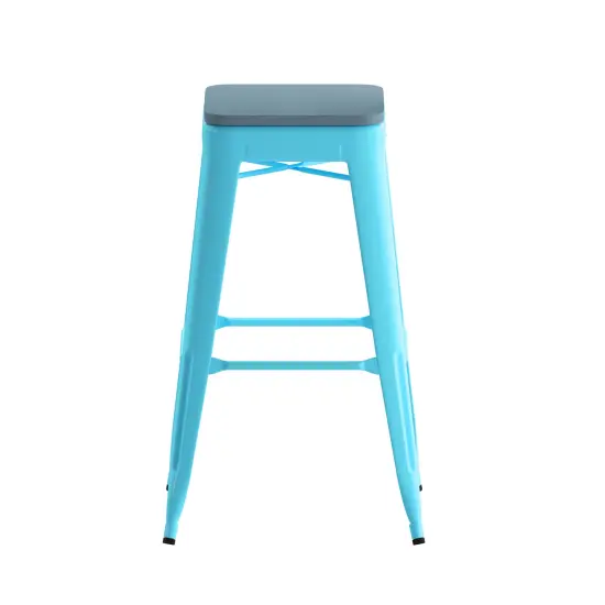 Emma and Oliver Cory Set of Four Backless Metal Stools with All-Weather Poly Resin Seats for Indoor Use Only Teal/Teal-Blue {4}