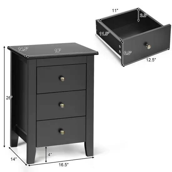 Modern Nightstand End Beside Table with 3 Storage Drawers and Open Platform Black {5}
