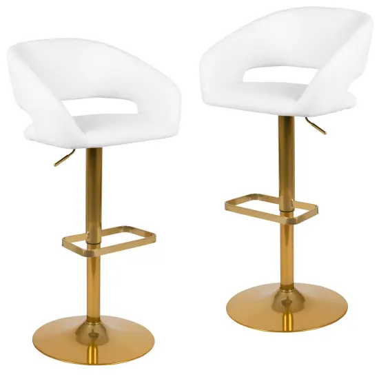 Emma and Oliver Modern Vinyl Adjustable Height Barstool with Horizontal Stitch Back, Set of 2 WhiteVinyl/GoldFrame {1}