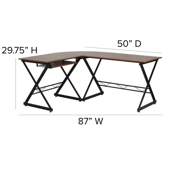 Emma and Oliver Laminate L-Shape Computer Desk with Pull-Out Keyboard Tray Teakwood {4}