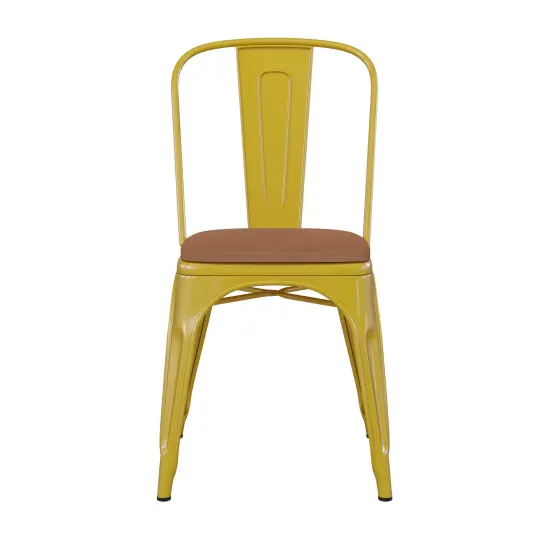 Emma and Oliver Perth Metal Stacking Dining Chairs with Poly Resin Seats for Indoor/Outdoor Use Yellow/Teak {3}