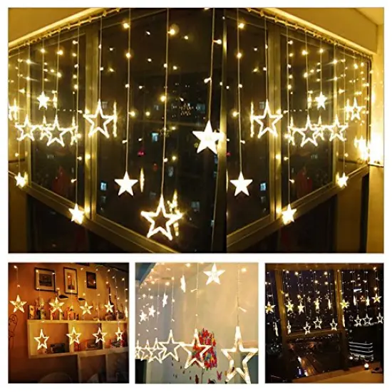 Twinkle Star 12 Stars 138 LED Curtain String Lights, Window Curtain Lights with 8 Flashing Modes Ramadan Decoration for Christmas, Wedding, Party, Home Decorations (Warm White) {1}