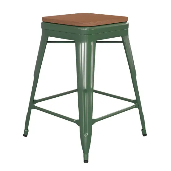 Emma and Oliver Kam Backless Metal Indoor-Outdoor Stool with All-Weather Polystyrene Seat Green/Teak {1}