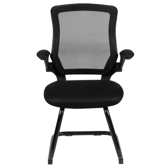 Emma and Oliver Mesh Sled Base Side Reception Chair with Flip-Up Arms Black Mesh {3}