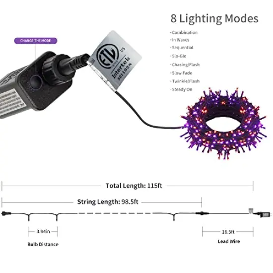 98.5FT 300 LED Halloween Lights,Halloween String Lights with 8 Lighting Modes, Waterproof & Connectable Mini Lights, Plug in for Indoor Outdoor Holiday Party Bedroom Decorations (Purple & Orange) {4}