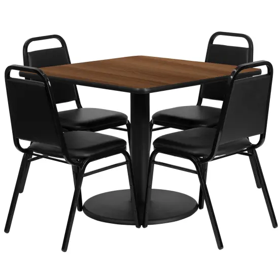 Emma and Oliver 36" Square Laminate Table Set with 4 Trapezoidal Banquet Chairs WalnutTop/BlackVinyl {1}