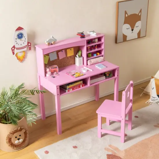 Kids Wooden Desk and Chair Set with 4-tier Storage Shelves and 2 Open Drawers Pink {5}