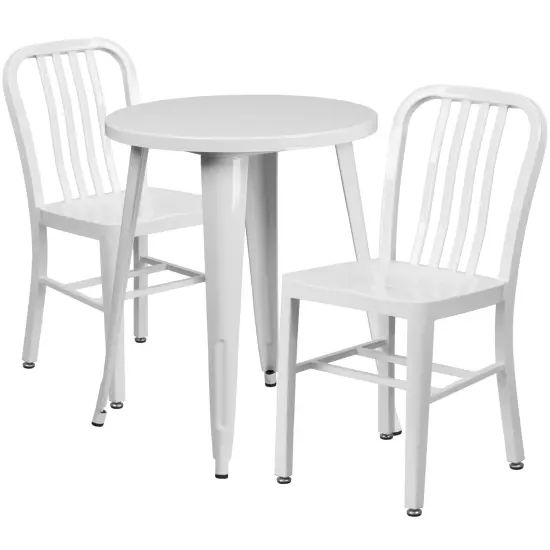 Emma and Oliver Commercial Grade 24" Round Metal Indoor-Outdoor Table Set & 2 Slat Back Chairs White {1}