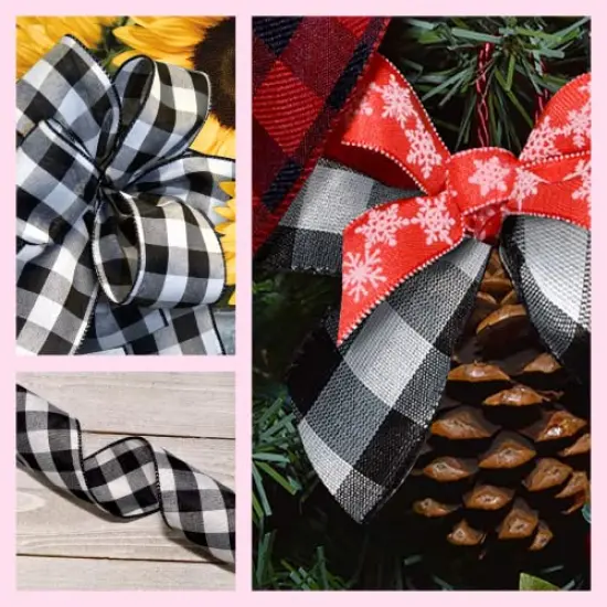 2.5" X 50 YD Wired Ribbon, Black and White, Buffalo Check Plaid Ribbon for Gift Wrapping, Christmas Decorations Indoor Home Decor, Craft Supplies & Materials {6}