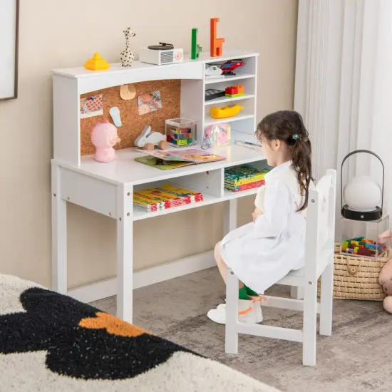 Kids Wooden Desk and Chair Set with 4-tier Storage Shelves and 2 Open Drawers White {4}