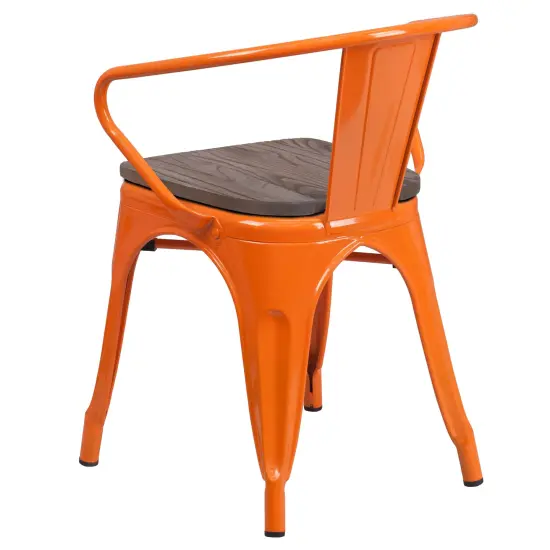 Emma and Oliver Metal Chair with Wood Seat and Arms Orange {3}
