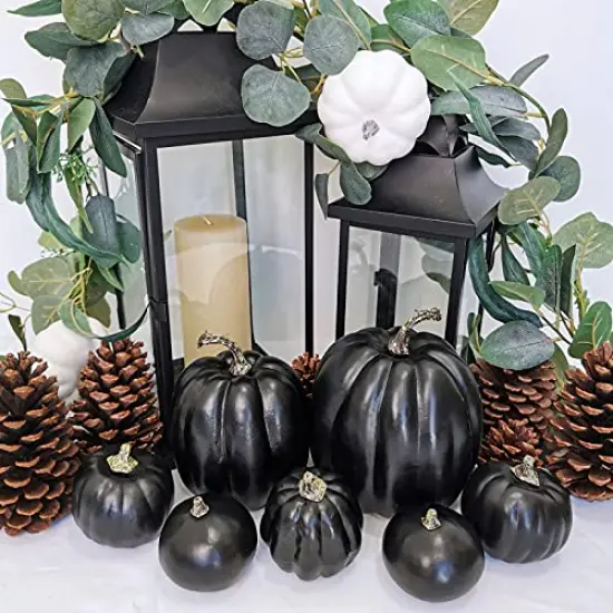 Winlyn 7 Pcs Assorted Artificial Black Pumpkins Halloween Pumpkins Faux Rustic Decorative Foam Pumpkins for Fall Halloween Thanksgiving Tabletop Centerpiece Mantel Kitchen Decor {3}